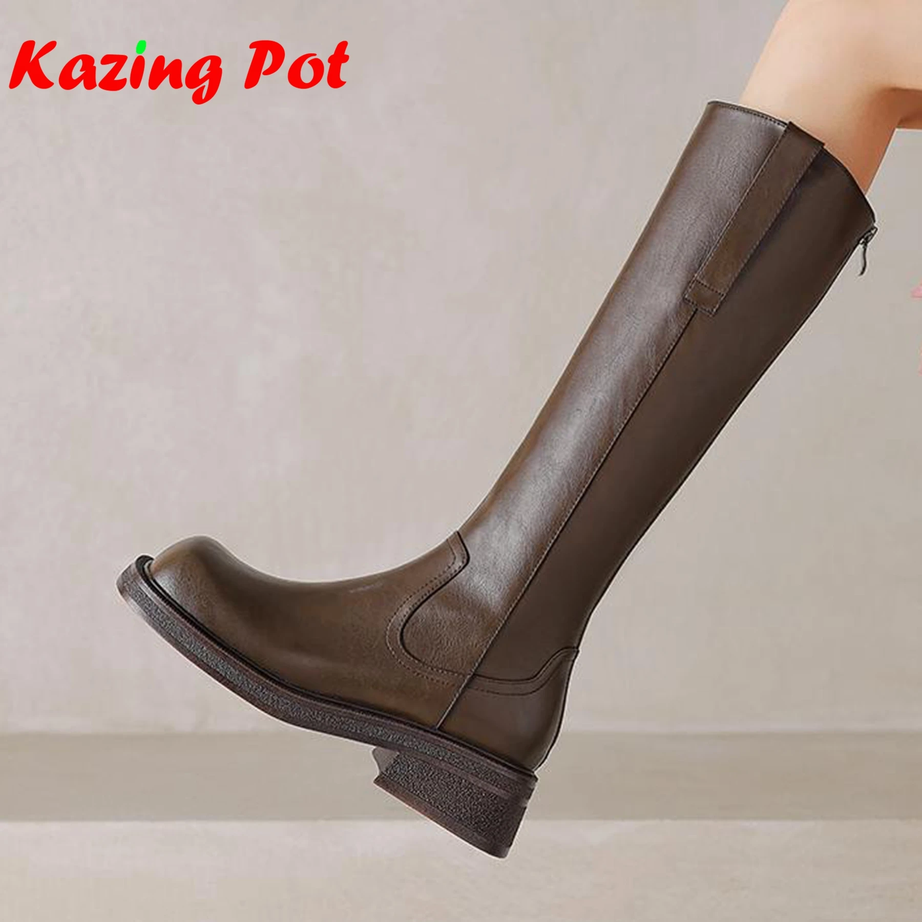 

Krazing Pot Cow Split Skin Round Toe Thick Heels Riding Boots Zip Causal British School Street Wear Punk Style Thigh High Boots