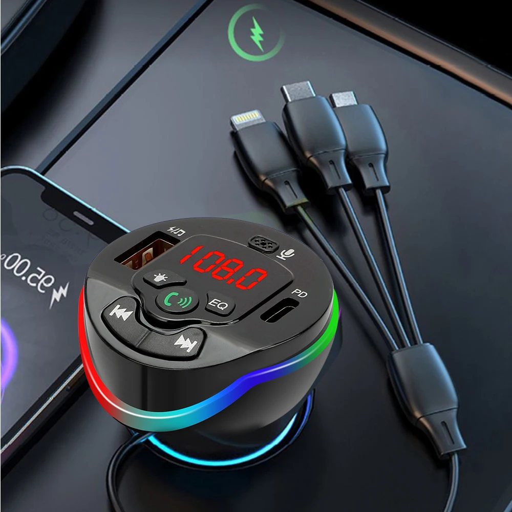 Bluetooth 5.0 Car FM Transmitter PD USB Fast Charger With 3in1 Charge Cable Wireless Handsfree MP3 Plyer Car Kit Audio Receiver