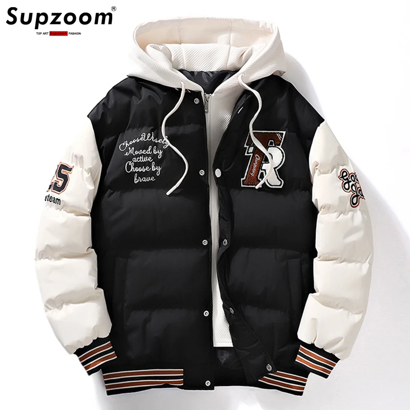 Supzoom New Arrival Casual Bordado Mens Inverno Na Moda Falso Duas Peças Com Capuz Terno De Pão Casal Casacos De Algodão-acolchoados E Casacos