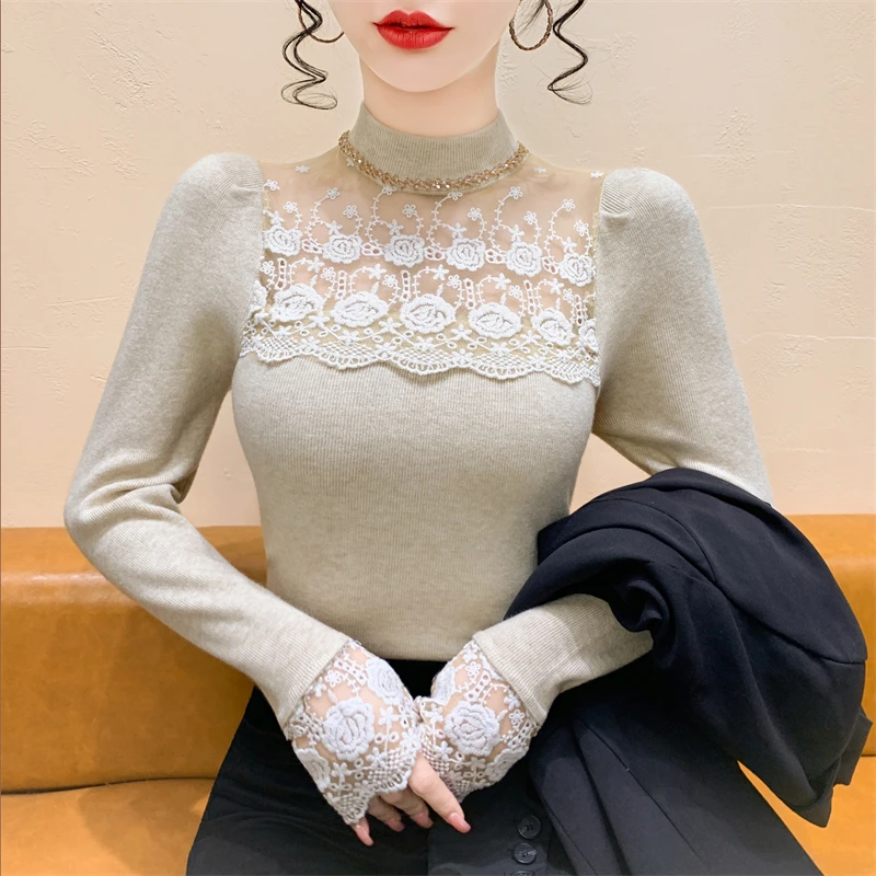 

Ruffle Sve Knitted Sweater Women's Slim Fit High Collar Long Sve Diamond Studded Top Korean Sle Commute Faion
