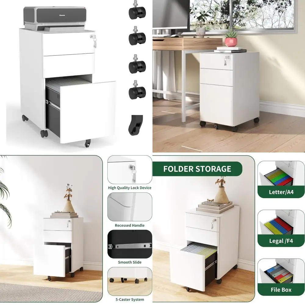 خزانة ملفات متنقلة من الفولاذ الأبيض ذات 3 أدراج مع قفل، وأدراج ضحلة وعميقة، وميزة مضادة للطرف، وحل تخزين آمن