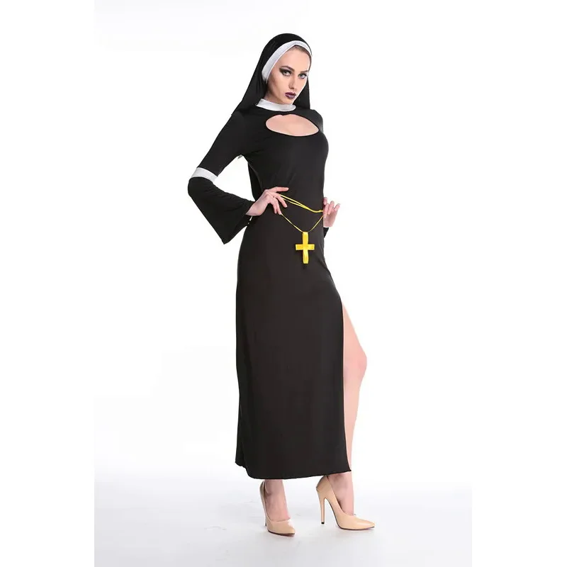 Disfraz de monja de Halloween para mujer adulta, vestido de fiesta negro Sexy, disfraz de monja larga sin Priestess