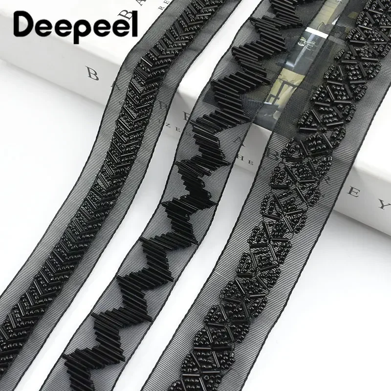 2/5Yards 25mm Black Beaded Lace Ribbon Embroidered Trim Clothes Collar HeadDress Decoration DIY Crafts Sewing Accessories