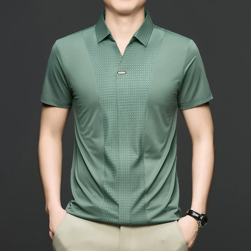

Personality Jacquard Splicing Short Sleeve Polo Shirt Men Ice Silk Breathable High Quality Fashionable Buttonless V-neck T-shirt