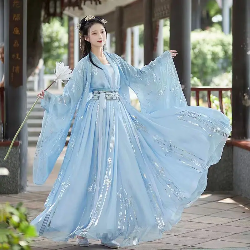 2022 New Hanfu Women Chinese Traditional Embroidery Stage Dance Dress Female Fairy Cosplay Costume Hanfu  Blue For Women