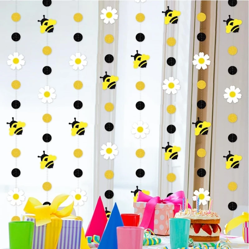 Bee Theme Party Bee Daisy Dots Paper Pull Flower Bedroom Garden Birthday Wedding Baby Shower Party Hanging Bunting Garland Decor
