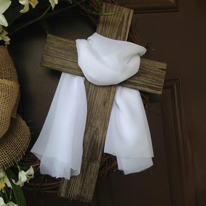 Corona di croce di Pasqua per porta d'ingresso o parete Fiore artificiale Fiocco di giglio Sciarpa di seta Ghirlanda religiosa Ghirlanda primaverile Decorazione pasquale