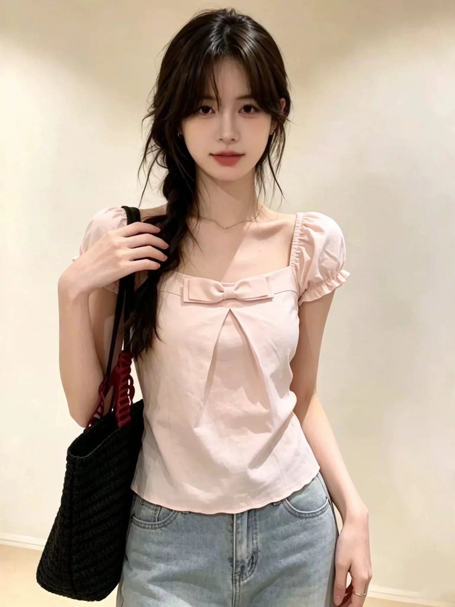 Sweet Style Knot Square Collar Short Sleeve Loose Slimming Bubble Sleeve Shirt Women's Summer New Fashion Top