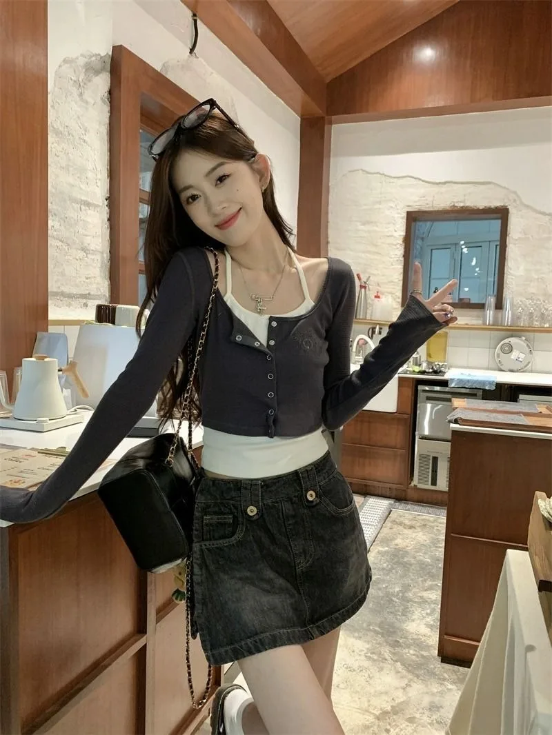 Damen Koreanischer Ins-Stil Reines Y2K Hot Girl Neckholder Langarm-T-Shirt Frühling Herbst Neues Slim-Fit Schulter-Fake-Zweiteiler-Oberteil – Detail 12