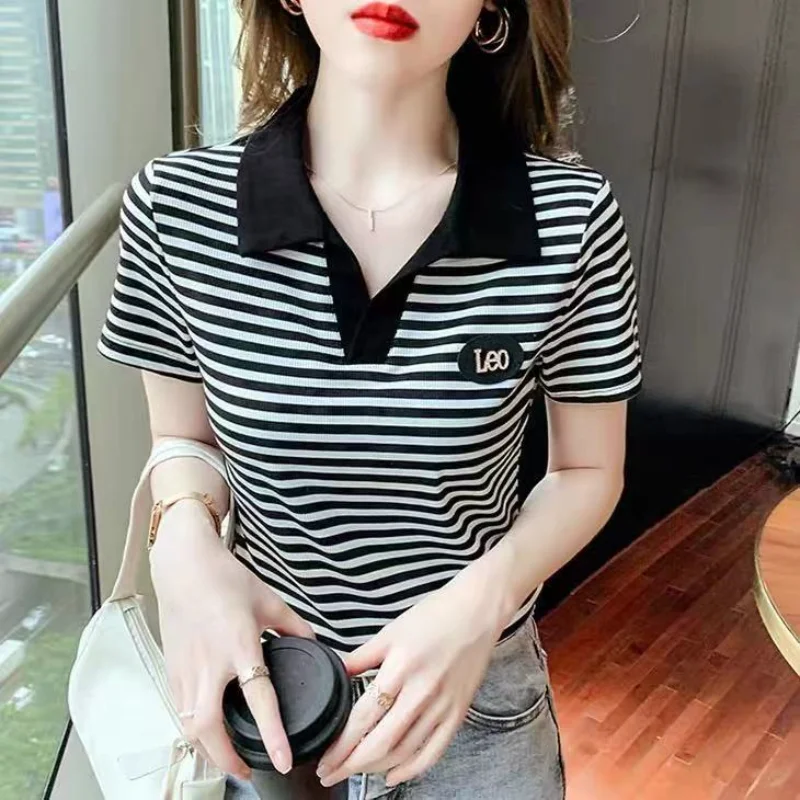 Women's T Shirts with Sleeves Top Plain Polo Neck Shirt White Clothes Youth Synthetic Cute Trend Y2k Fashion Luxury Cotton Sale