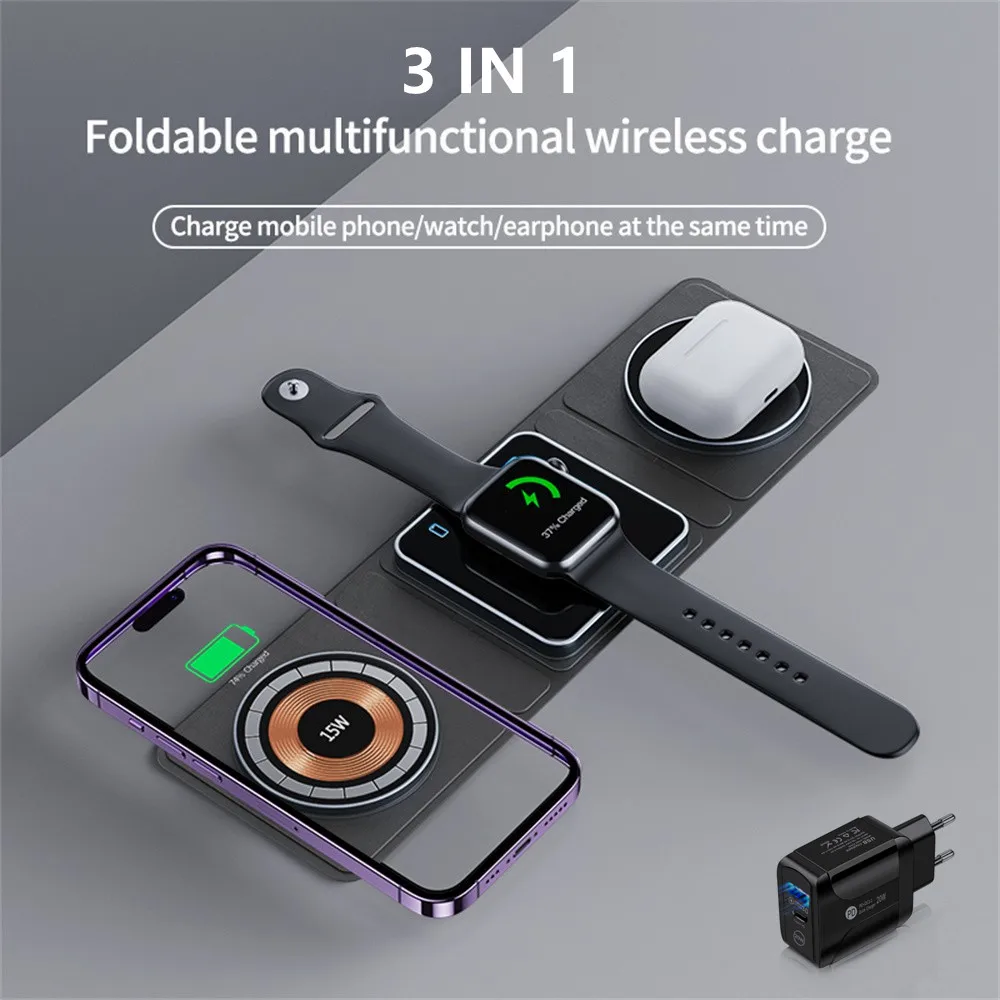 Transparent Foldable Magnetic Wireless Charger 3 in 1 Fast Charging Dock Station For iPhone 14 13 12 Apple Watch 8 7 Airpods Pro