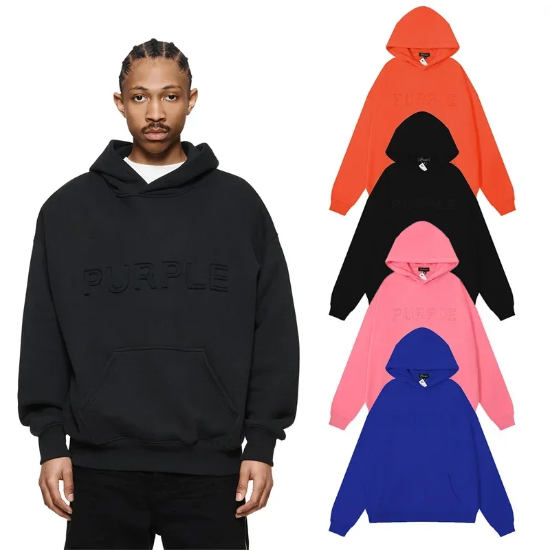 

Top Version Purple Classic Letter Same Color Embroidered High Street Pure Cotton Fashion Hoodie For Men And Women