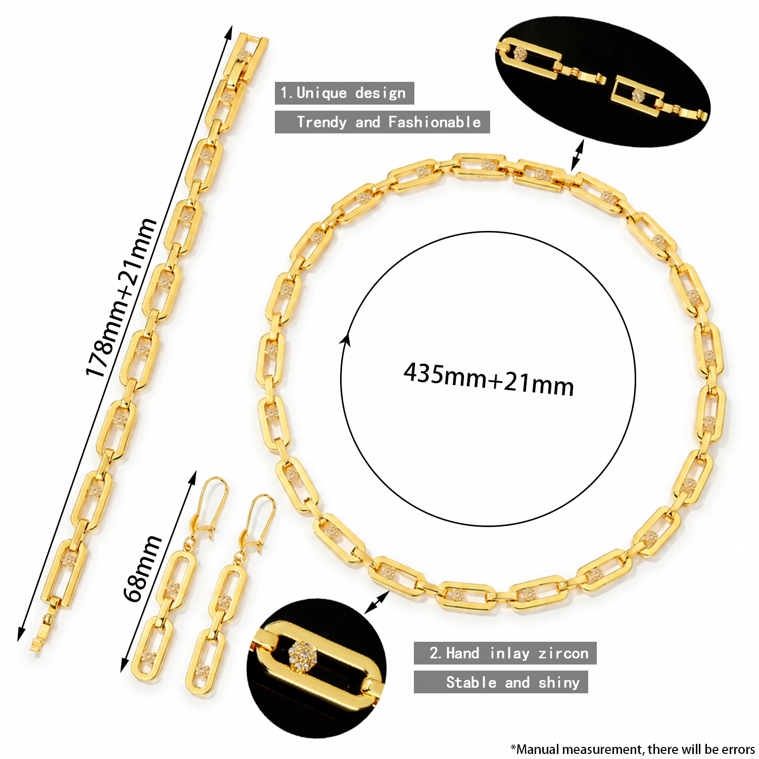 Dubai Mode Zirkonia Schmuckset 21k Vergoldet Italienische Geometrische Halskette Armband Ohrringe Arabischer Damen Event Party Schmuck – Detail 2