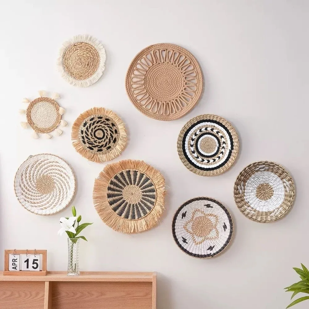 Boho Straw Woven Tray Wall Decor Round Basket Non Slip Straw Wall Hangings Macrame Heat Resistant Woven Coaster Placemat