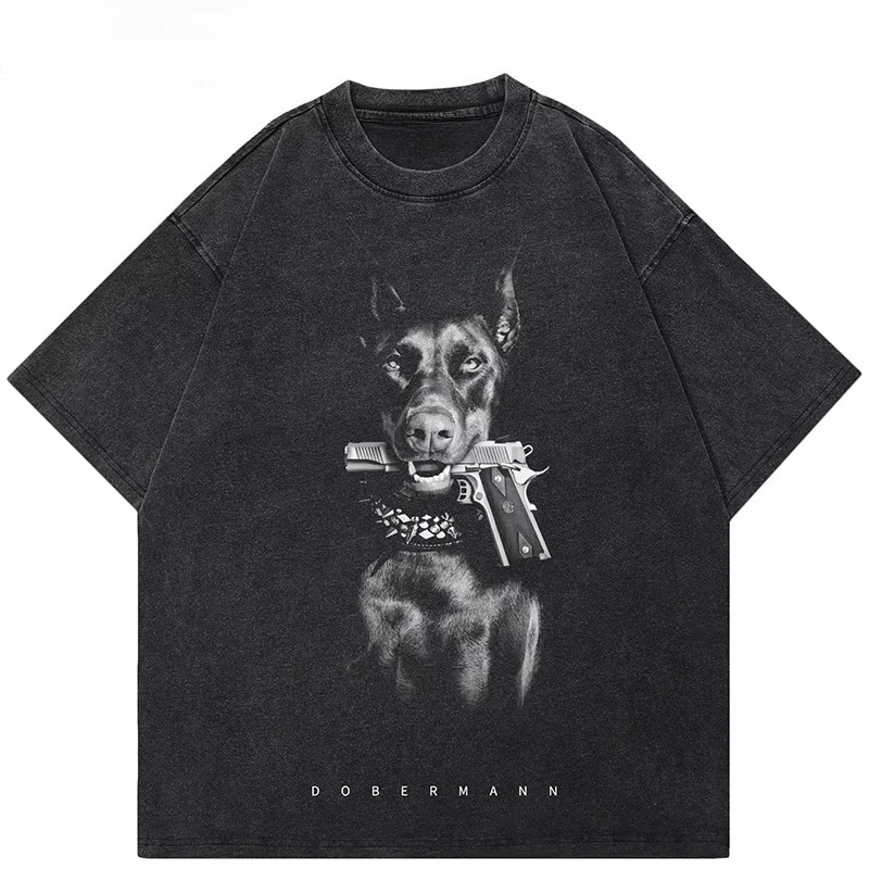 Camiseta con estampado gráfico divertido de Doberman Pinscher para hombre y mujer, camiseta vintage lavada con cuello redondo de algodón, camiseta nueva de verano, camisetas informales holgadas de gran tamaño