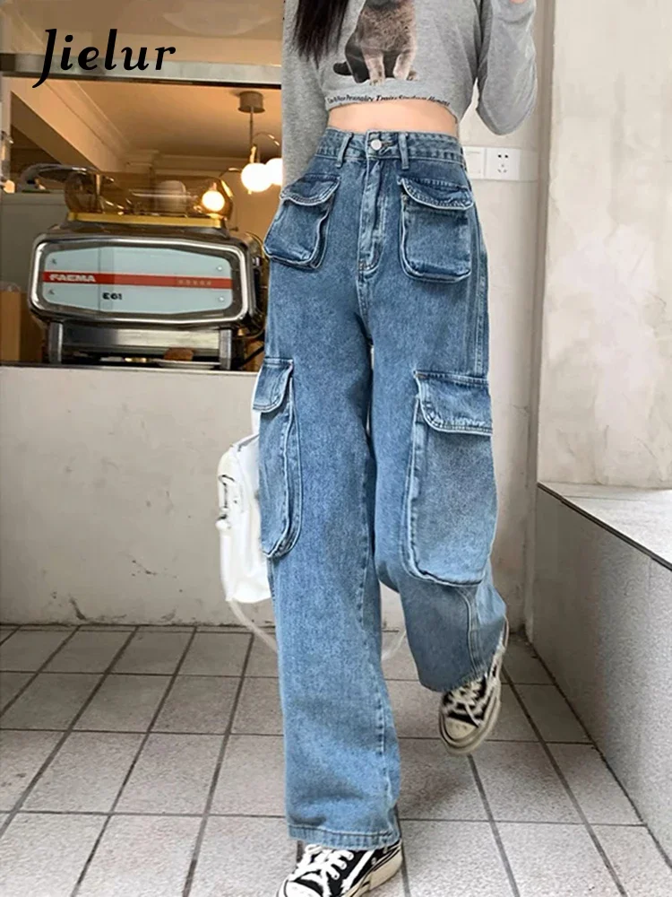 

Jielur Vintage Blue Cargo Jeans for Women Autumn New Street Washed Straight Trousers Loose Wide Leg Skinny Jeans Female S-XL