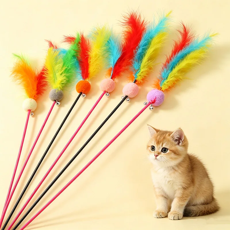 50Pcs Random color Cat Toy Funny Cats Toy with Bell Ball Feather Toys for Cat Tease Stick Plush Ball Cat Toys Interactive Tease