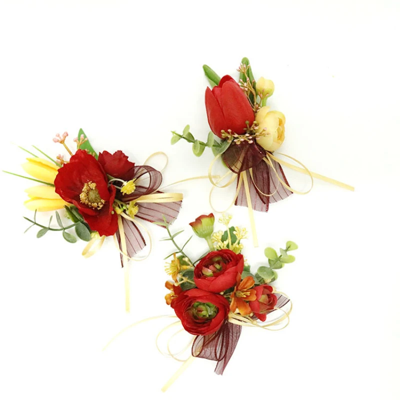 ผ้าไหมกุหลาบ Boutonniere ผสมริบบิ้น Corsage แต่งงานสร้อยข้อมือเพื่อนเจ้าสาวเจ้าบ่าว Tulip Boutonniere ดอกไม้แต่งงานอุปกรณ์เสริม