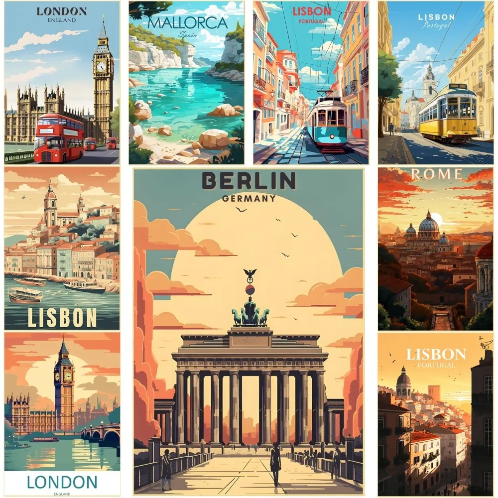 Retro Holiday Travel City Lisbon London Tourism Poster Self-adhesive Art Waterproof Paper Sticker Wall Decor