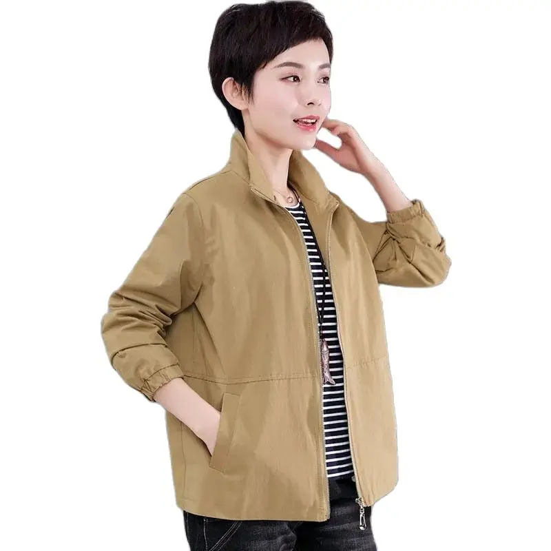 

2024 New Spring Autumn Stand-up Collar Jacket Middle-Aged Elderly Women's Coat Tops Korean Loose Lining Outerwear Female