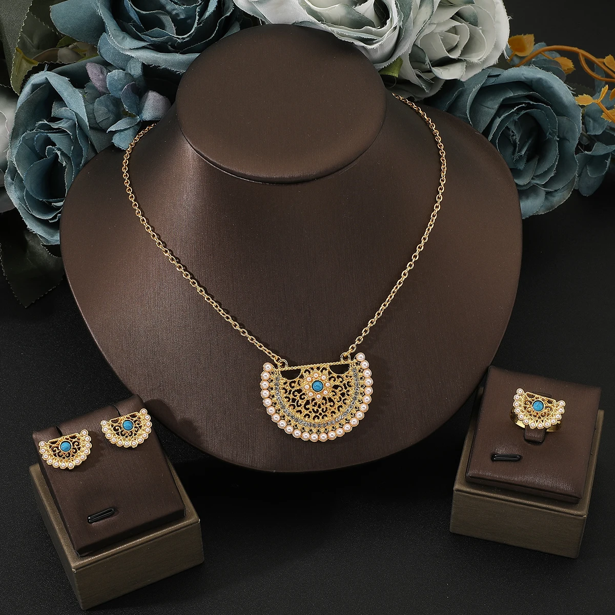 Stainless Steel Jewelry Set vintage golden pearls Necklace Earrings ring Exaggerated Jewelry Set For Women Jewelry Gifts