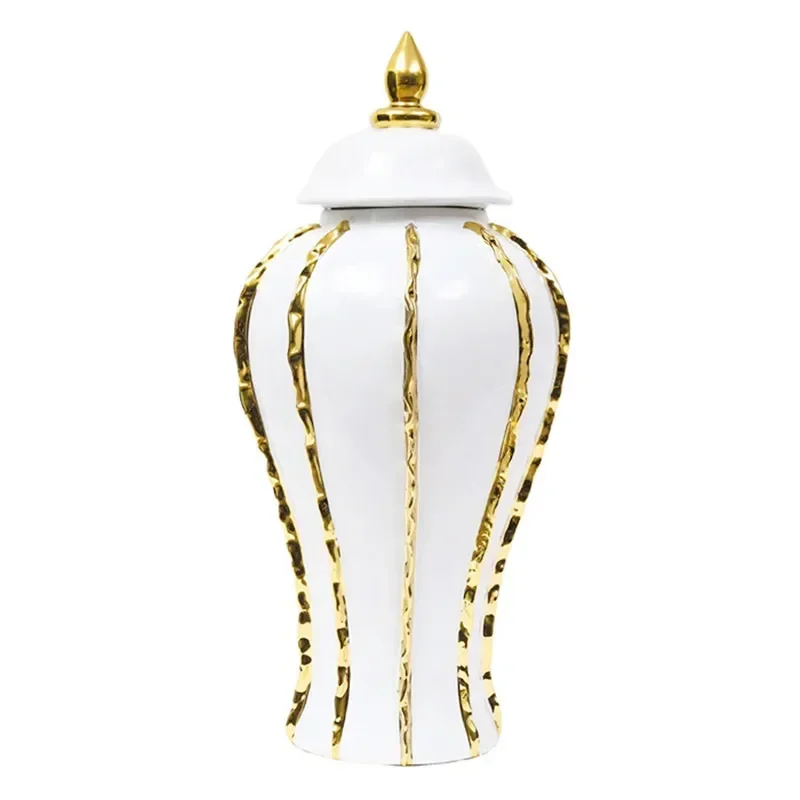 Gold Rim ceramic General pot Large ginger jar Vintage porcelain vase Peaked lid storage tank Flower vase Home decoration