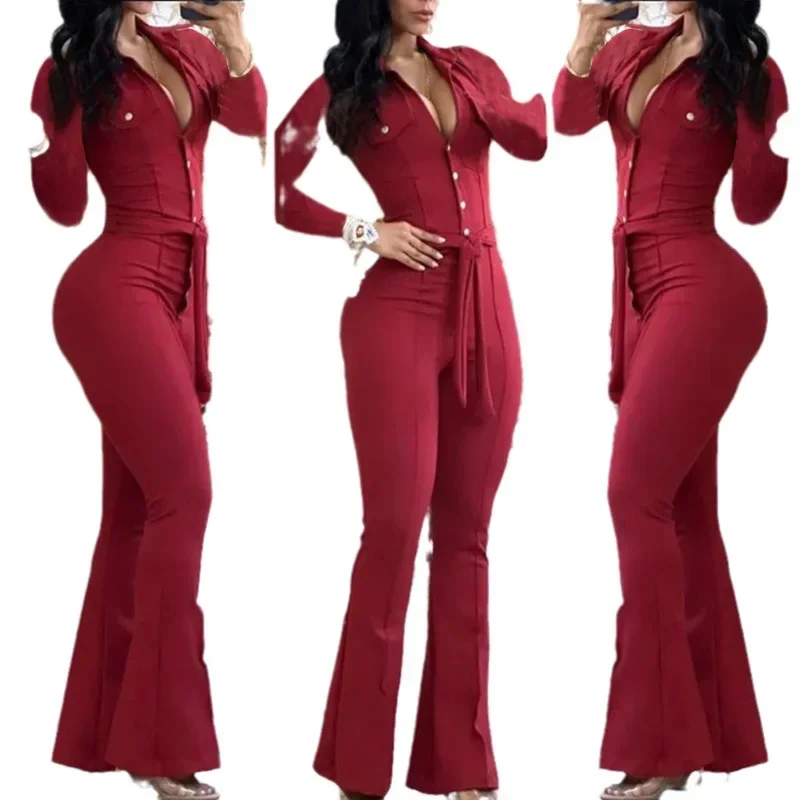 Women\'s Clothing Button Lapel Pants Workwear Pockets Jumpsuit Long Sleeve Solid Color Single Breasted Jumpsuits with Belt