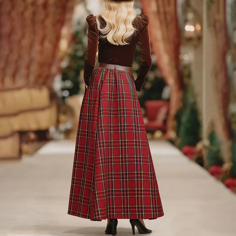 Women's Red Plaid High Waist Skirt with Belt/Lined 2026 New A-line Vintage Pockets Christmas Party Elegant Long Skirts 195448