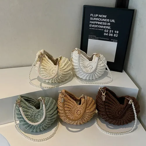 Imagen 2 del producto Bolsos de hombro creativos de ganchillo en forma de concha para mujer, cadenas de perlas bonitas y divertidas, bolso cruzado tejido hecho a mano, bolsos pequeños novedosos