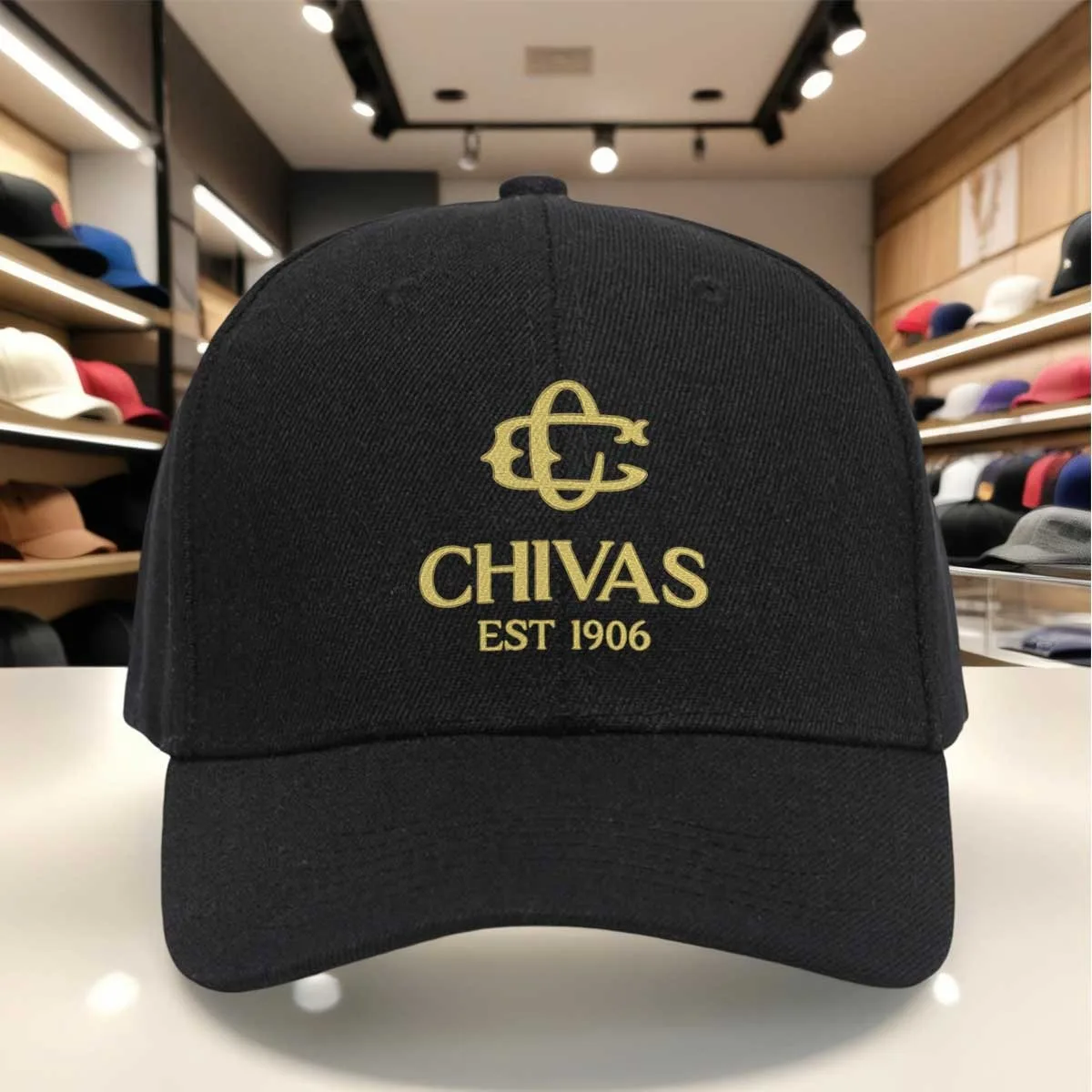 Gorra de Béisbol con Emblema de Chivas EST 1906 - Logotipo Dorado Impreso en Base Clara, Talla Ajustable, Gorra Deportiva Informal para Exteriores