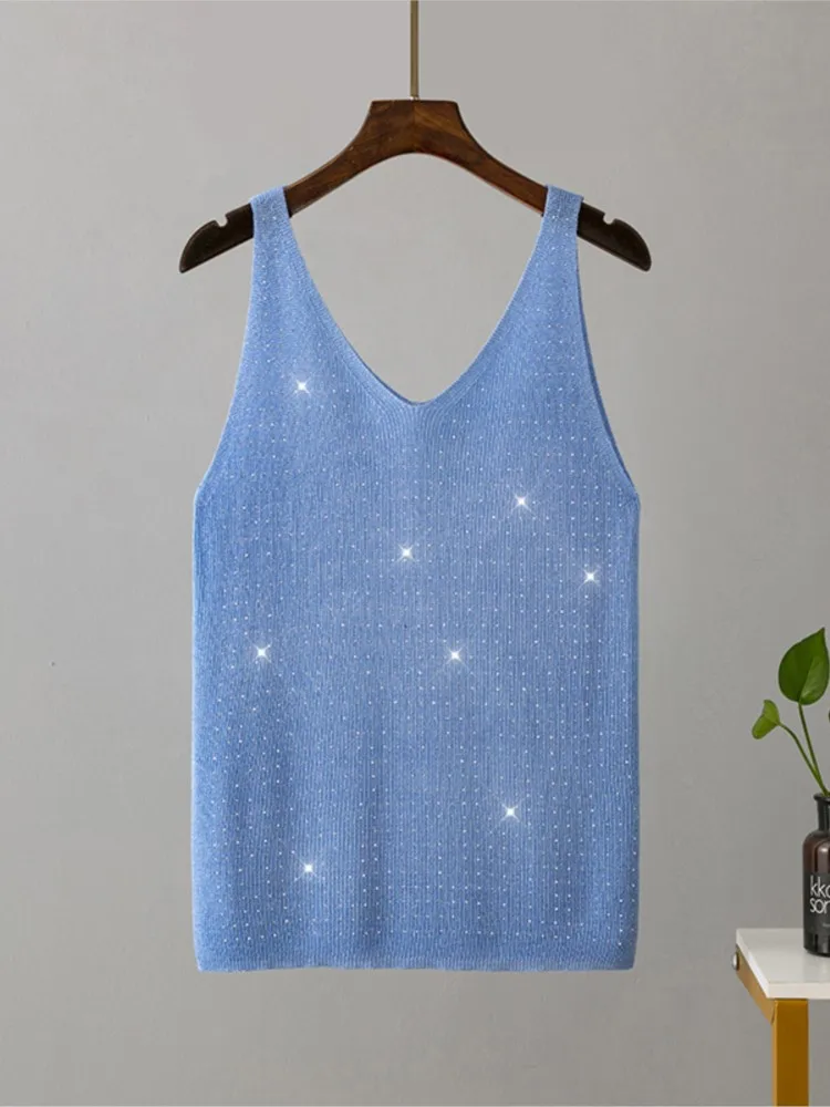 جديد الصيف محبوك بروتيل مع الماس الخامس الرقبة بلون سليم مثير سترة الموضة الملابس النسائية