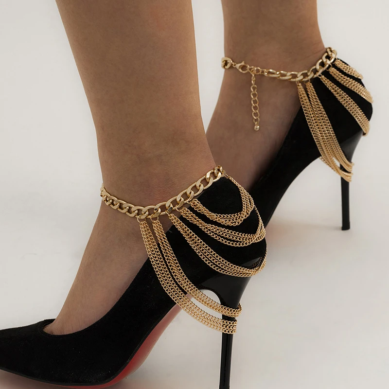 1pcs Multilayer High Heel Shoe Tassel Chain Foot Ankle Bracelet For Women Crystal Pearl Beach Barefoot Sandals Jewelry