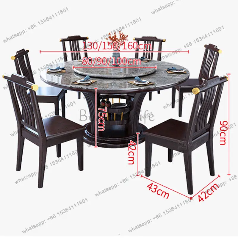 Solid wood rock slab dining table Household round dining table New Chinese style