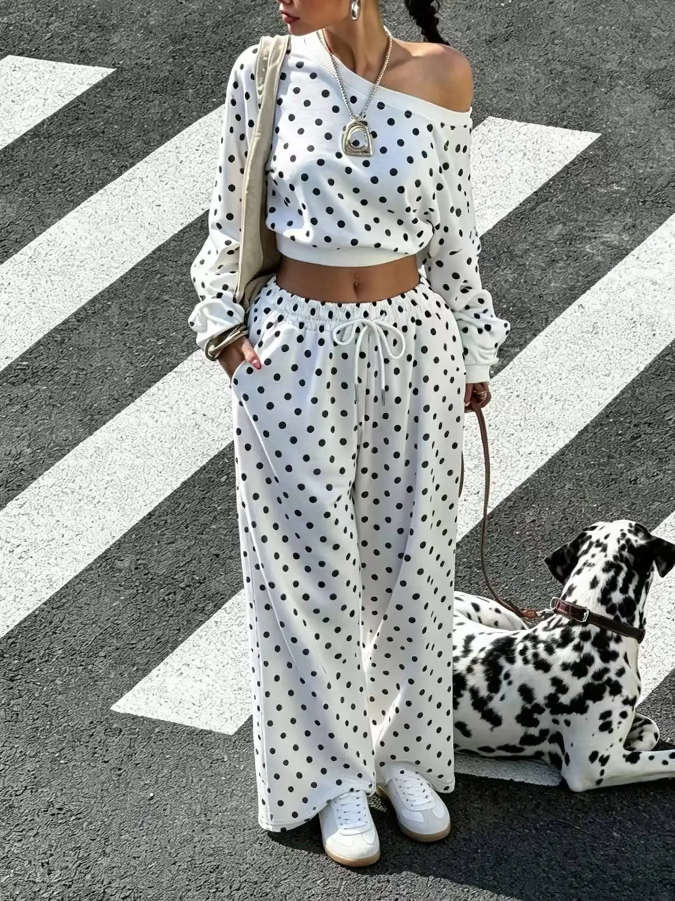 Y2K Lazy Casual Two‑Piece Outfits, One‑Shoulder Loose Long Sleeve Polka Dot Short Top & Drawstring Wide‑Leg Long Pants Matching