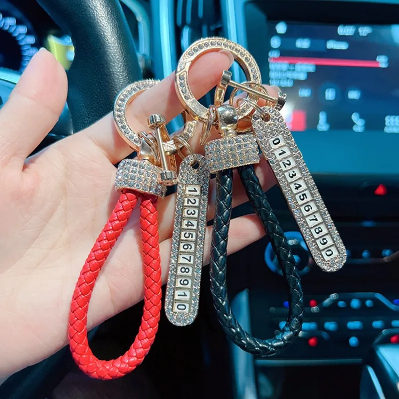 Creative and fashionable car keychain, leather handmade woven rope, full of diamonds, number plate, anti loss keychain ring