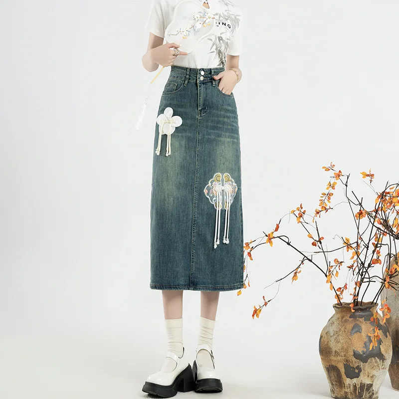 Chinese Chic Style Denim Skirt A- Line Skirt for Women 2024 Spring Summer High Waist Retro Embroidered Split A- Line Midi Skirt