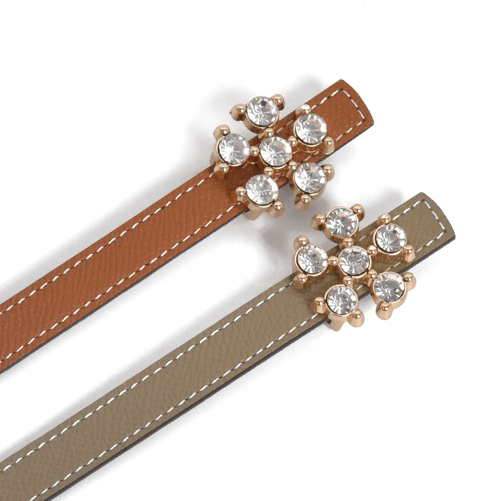 Women's cowhide thin belt with diamond inlay, simple small flower thin belt, women's decorative skirt, denim belt, waistband