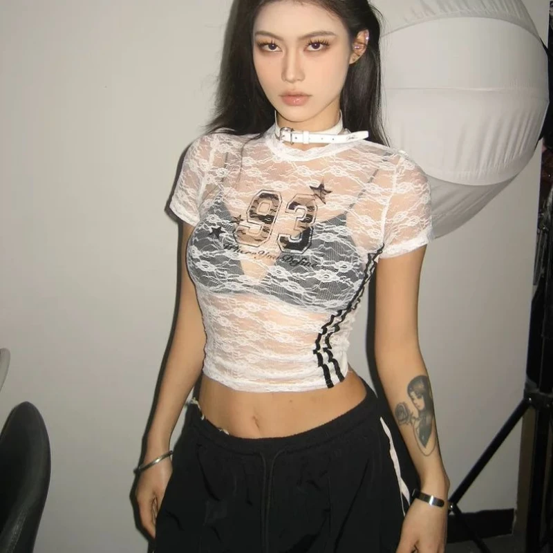 Deeptown Sexy Lace See-through T-Shirts Women American Retro Y2k Crop Tops Punk Streetwear Summer Short Sleeve T-Shirt Aesthetic