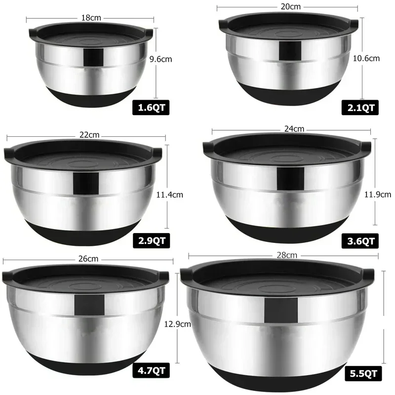 1/6PCS Silicone Bottom Thickened with Lid Cooking Basin Stainless Steel Egg Beating Basin Salad Mixing Basin Kitchen Baking