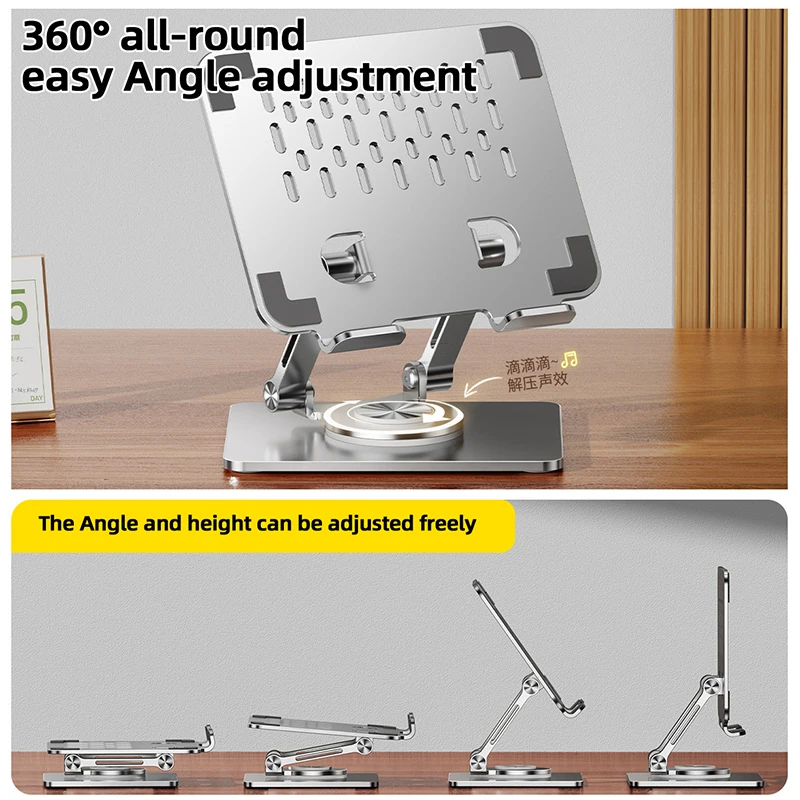 Rotatable, foldable and height-adjustable tablet stand, with a hollow cooling design, a multi-functional mobile phone stand