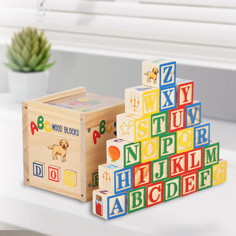 ABC Wooden Building Blocks for Children, 27 PCS Alphabet & Number Stacking Blocks,Montessori Educational Learning Toys For Kids