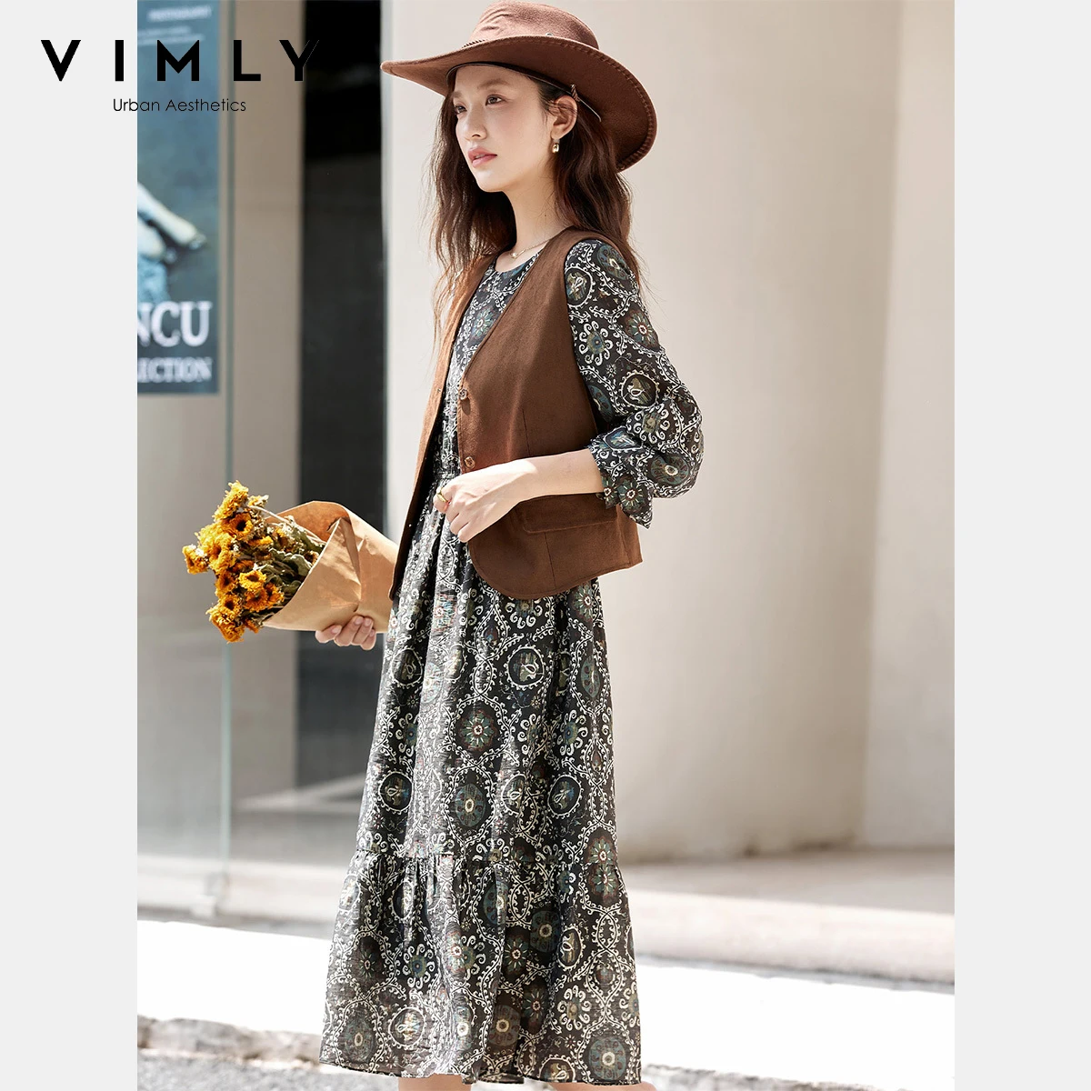 VIMLY trajes de vacaciones mujer 2025 nuevo vestido traje otoño Vintage marrón chaleco estampado Floral vestidos largos trajes de mujer A2936