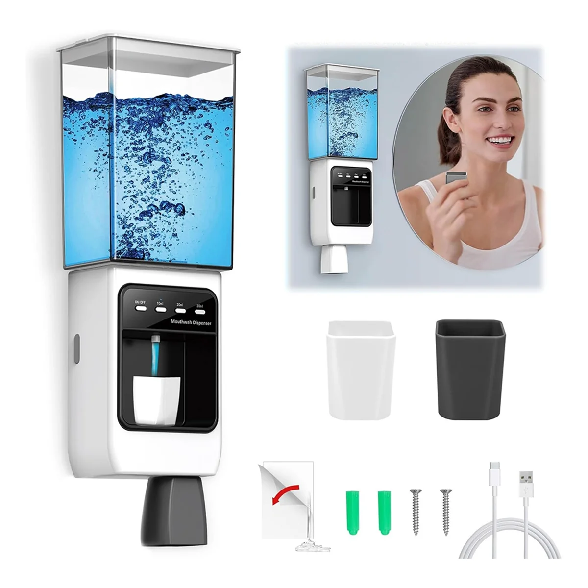 JAS-Automatic Mouthwash Dispenser for Bathroom,Dispenser with Cups Can Hold 650ml, 10/20/30ml Electric Mouthwash Dispenser