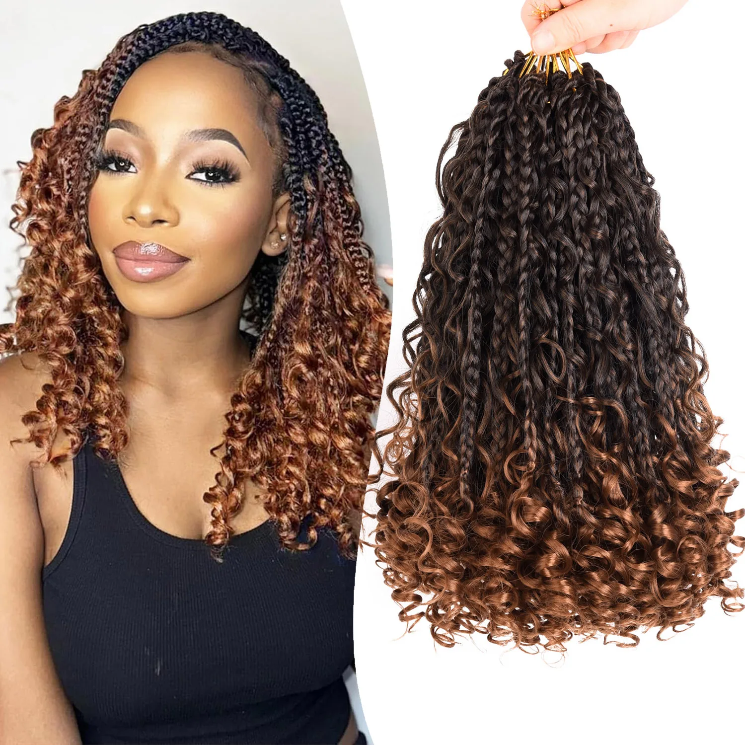 8 Packs Synthetic 12 Inch Goddess Box Braids Crochet Hair Boho Box Braids With Curl Ends Hair Extensions for Women Black