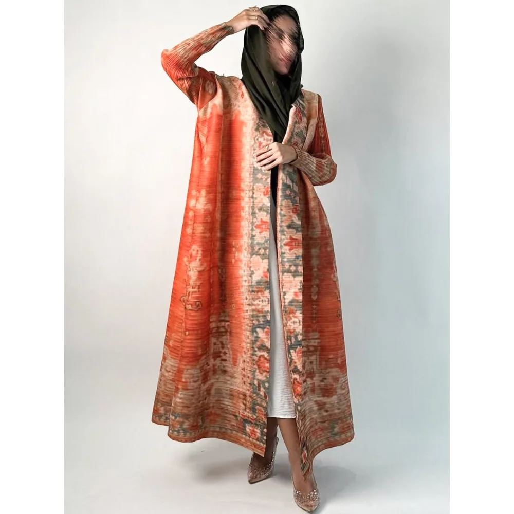 2025 Abaya casual musulmano a maniche lunghe per le donne Miyake cardigan stampato a pieghe cappotto allentato vintage abito Ramadan arabo abito da festa