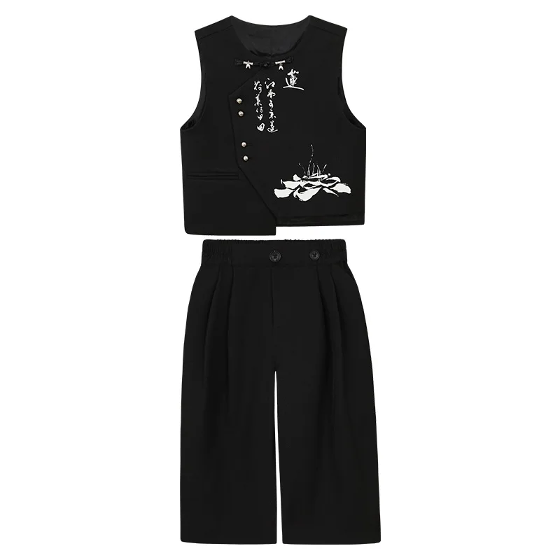 Teen Boys Chinese Style Set Calligraphy & Lotus Print Vest, Shirt, Pants & Tie Kids Traditional Outfit for Wedding & Festival
