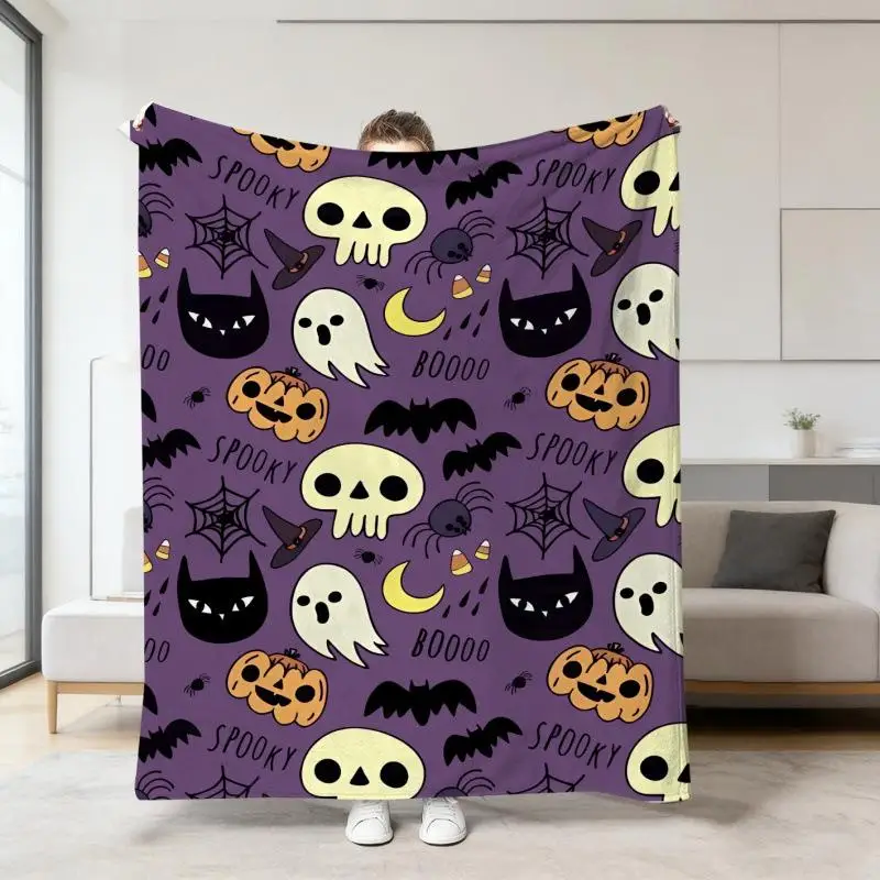 Halloween-Orange-Deckenbezug mit Cartoon-Geister- und Totenkopf-Druck, Flanell-Schlafdecke, Sofabezüge, Multifunktionale Dekorative Decken – Detail 20