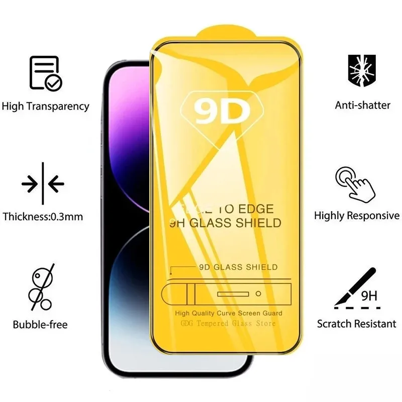 Protectores de pantalla 9D de vidrio templado para iPhone 17 16 Pro Max 18 16e 15 14 13 12 11, vidrio protector para iPhone X XR XS 7 8 Plus 5