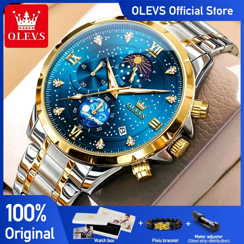 OLEVS 9807 Men\'s Watches Original Quartz Watch for Man Multifuncion Chronograph Stainless SteelWaterproof Luminous Reloj Hombre