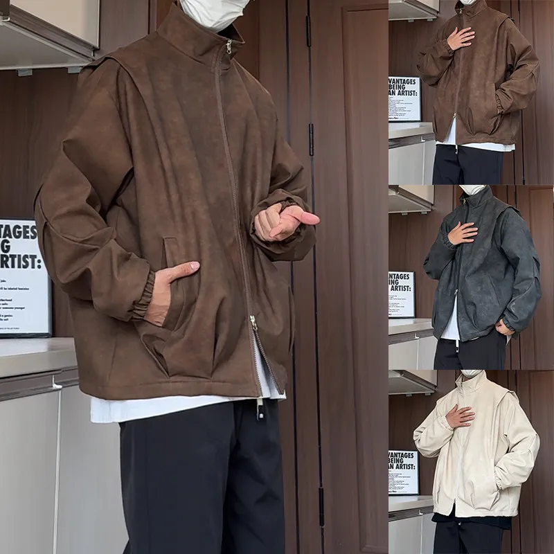 

Мужская байкерская куртка в стиле ретро в американском стиле, однотонная, осенне-зимняя, с воротником-стойкой на подкладке, свободная посадка из полиэстера и хлопка